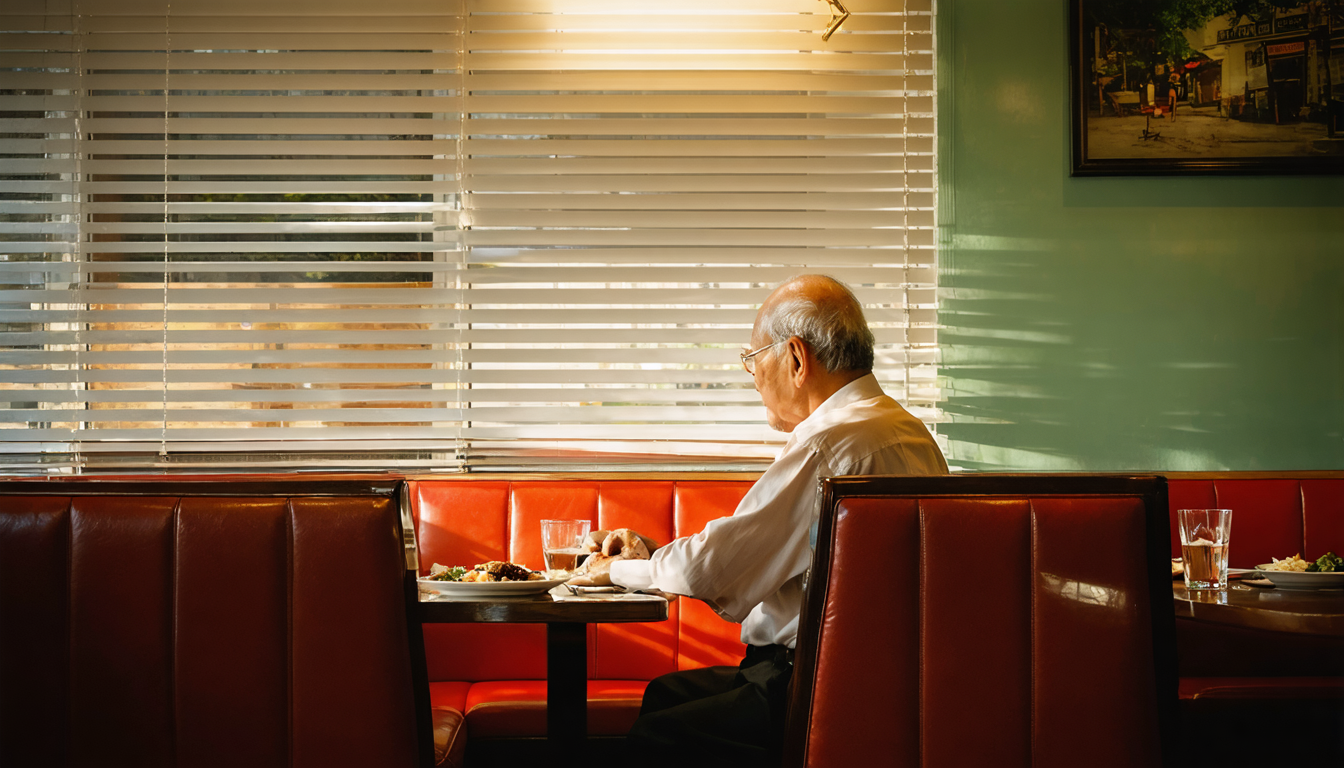 An older man sits alone at a worn table in a modest Chinese restaurant booth, a plate of half-eaten food before him, soft afternoon light through a window, another empty booth visible behind him.