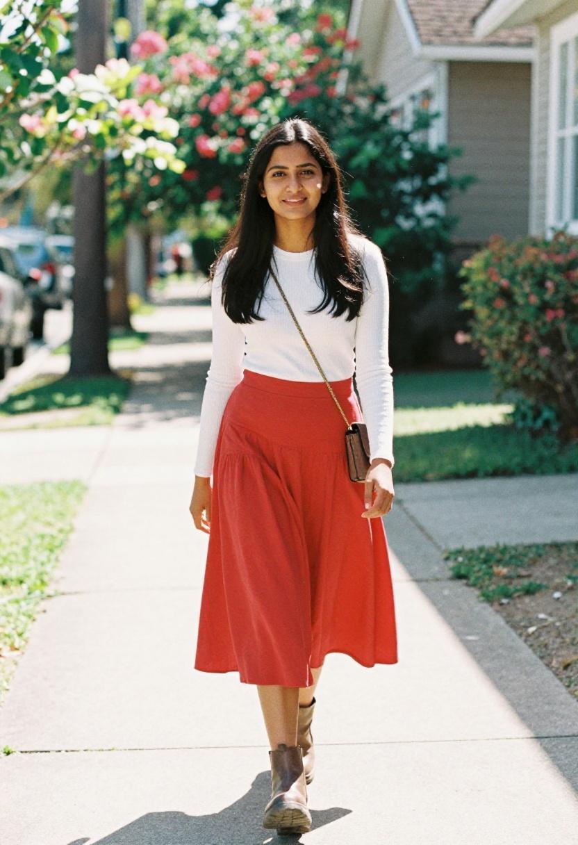 Cherry red midi skirt with chunky ankle boots on sunny suburban street