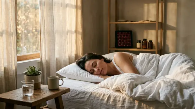 Person sleeping peacefully in sunlit minimalist bedroom with unused biohacking devices on shelf
