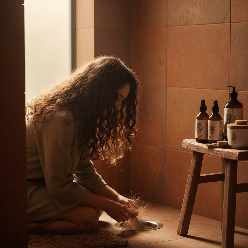 Ashwagandha hair growth visual: a woman inspecting hair in shower drain beside natural hair care products, calm bathroom setting, soft daylight