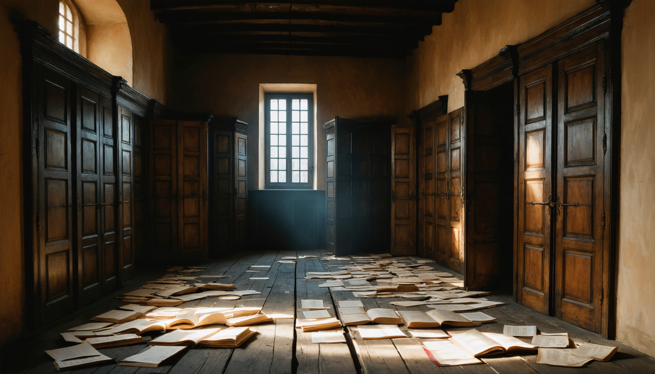 A dim room with many closed doors and a single high window, empty except for scattered papers on the floor.
