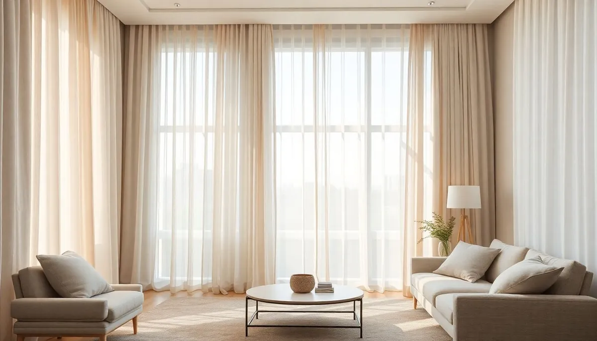 Modern living room with layered sheer and blackout curtains in warm cream tones, natural light streaming through