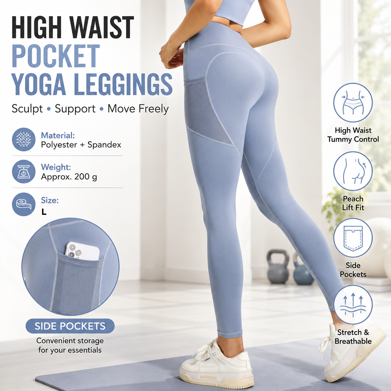 Blue L Size Women's High Waist Yoga Leggings with Mesh Side Pockets - Squat Proof, Peach Hip Lift, Breathable Stretch Fabric for Gym Running 、Pilates Wea and Daily Wear