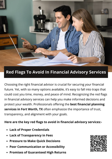 Being aware of these red flags can save you from costly mistakes and stress. A reliable financial advisor prioritizes transparency, realistic planning, and client education. By choosing an advisor offering the best financial planning services in Fort Worth, TX, with proven credentials, ethical practices, and a client-focused approach, you can confidently navigate your financial future and build lasting security. To know more visit here https://www.alignedwealthadv.com/financial-planning-fort-worth-tx