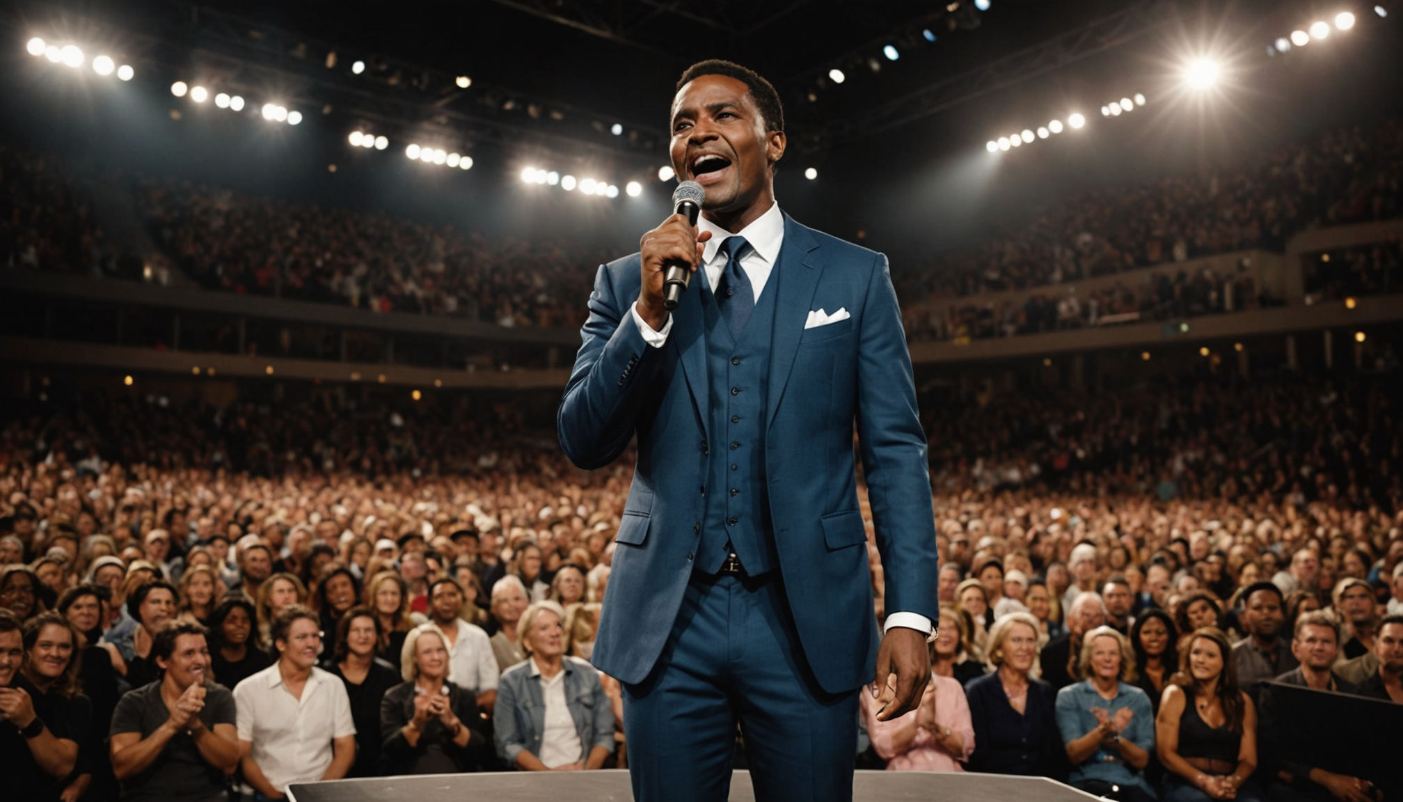 Charismatic performer inspiring audience in emotional, respectful atmosphere.