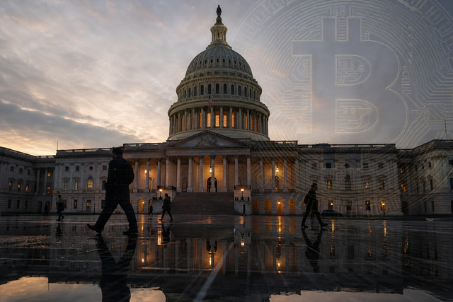 Photorealistic photojournalistic image of the U.S. Capitol building at dusk with a subtle digital cryptocurrency motif overlaid, documentary