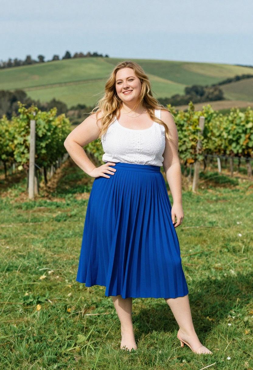 Cobalt pleated midi skirt with eyelet blouse for romantic spring look