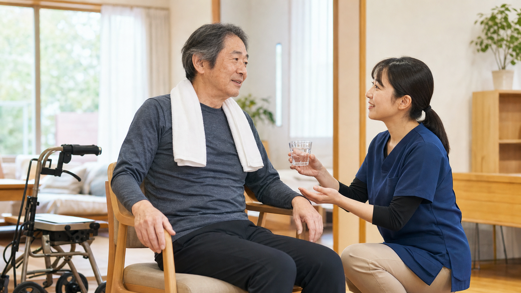 有酸素運動後に休息し専門職と体調を確認するパーキンソン病の方