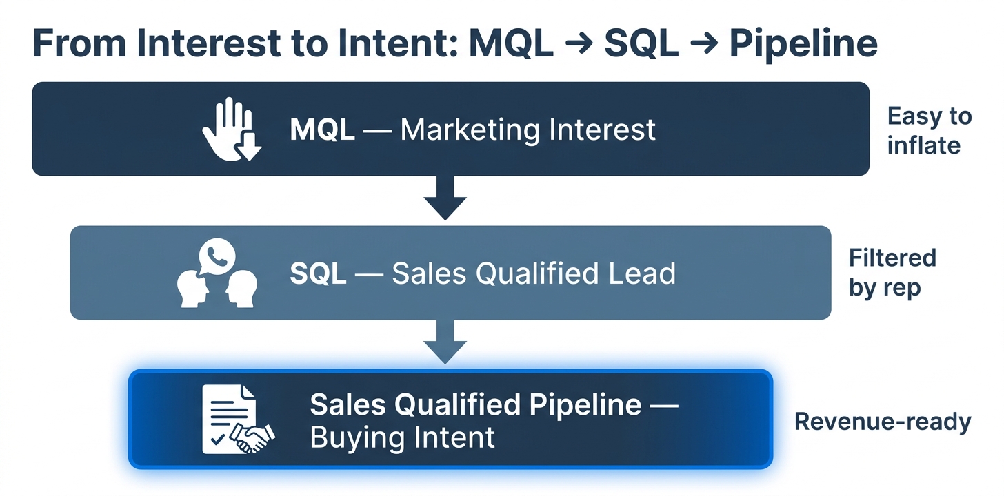 Three-tier funnel diagram showing MQL as marketing interest, SQL as sales-qualified lead, and Sales Qualified Pipeline as buying intent — The Zulu Method Series A guide