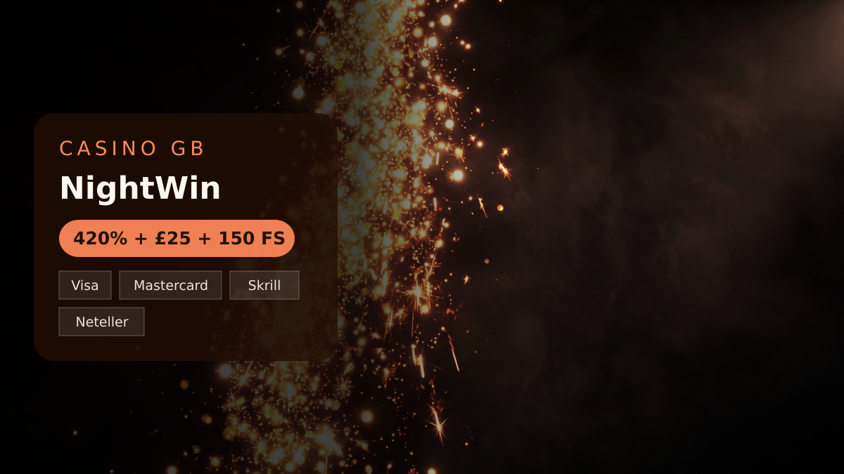 NightWin casino — welcome bonus 420% + £25 + 150 FS, payments: Visa, Mastercard, Skrill, Neteller, Paysafecard