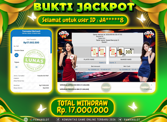 Selamat kepada Member PAMANSLOT LIVE PP- Speed Baccarat 5 : JA*****8