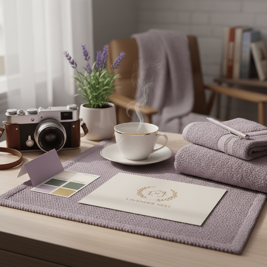 Airbnb brand kit setup with colors, logo mockup, and decor