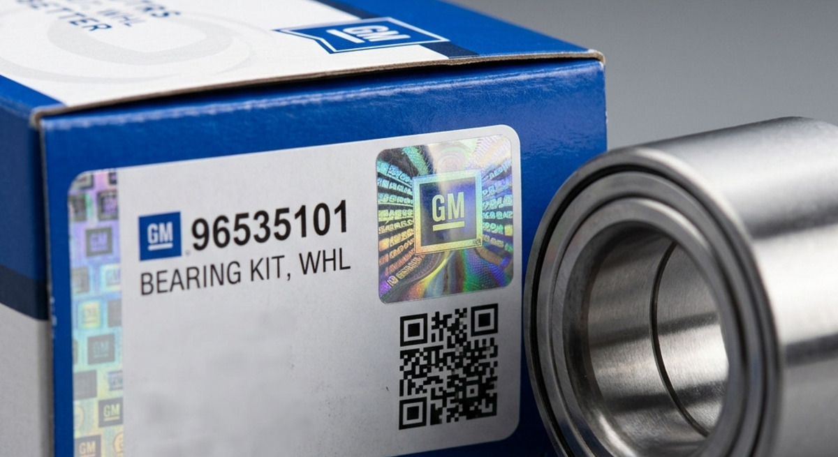 Защитная голограмма и QR-код на оригинальной коробке GM рядом со ступичным подшипником.