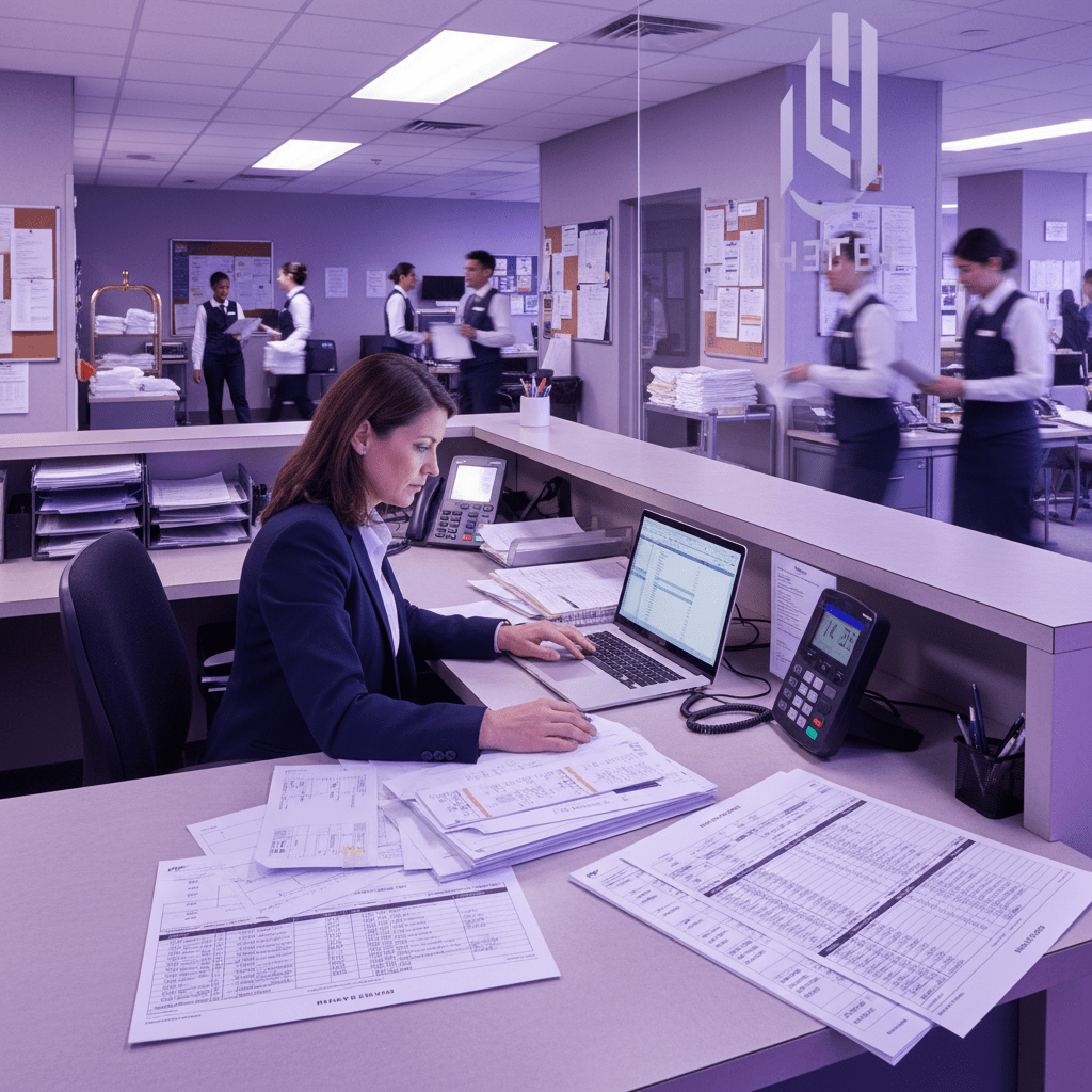 Hotel manager reviewing timecards and payroll data in a busy back office