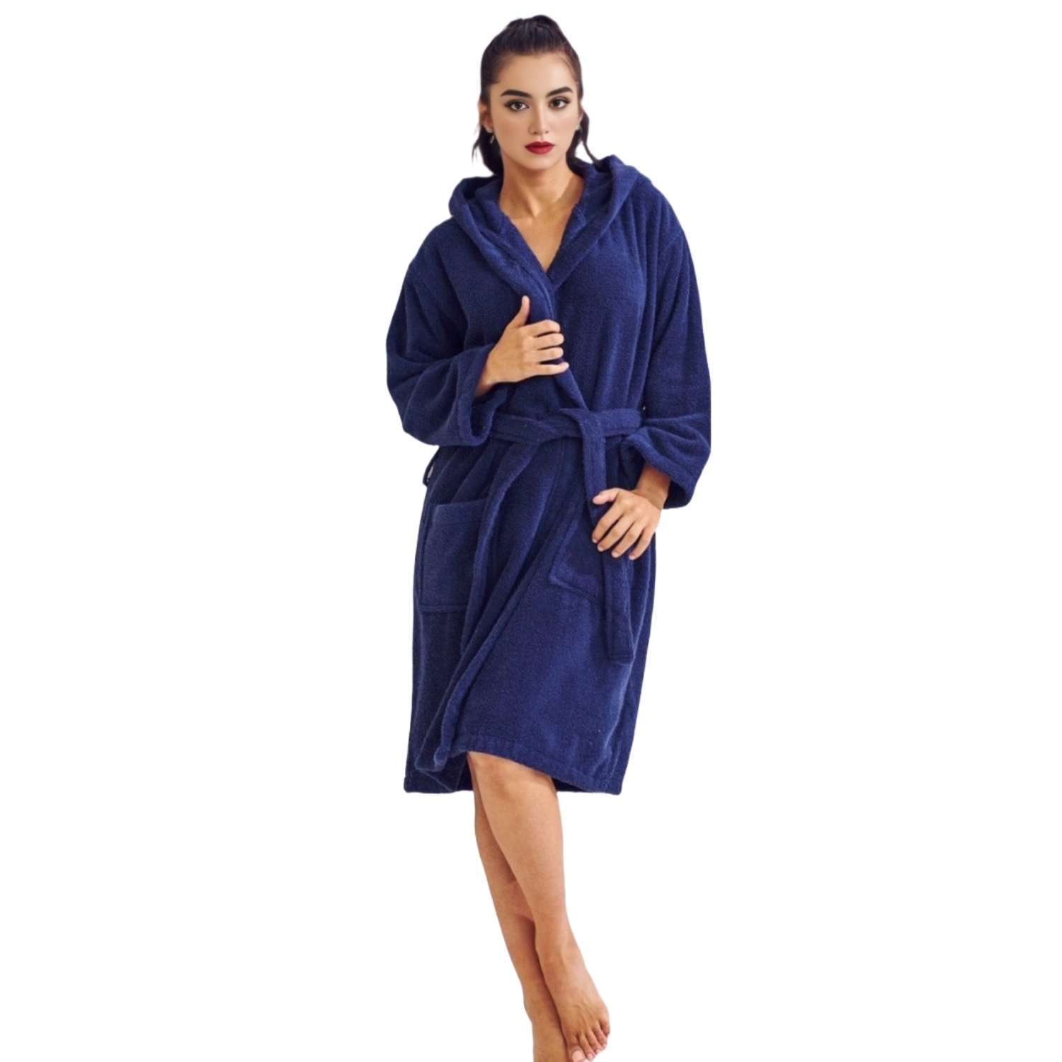 Women's Terry Navy Bathrobe, Hooded (Small/Medium) | Soft, Comfy, and Absorbent | for After the Shower or Spa
