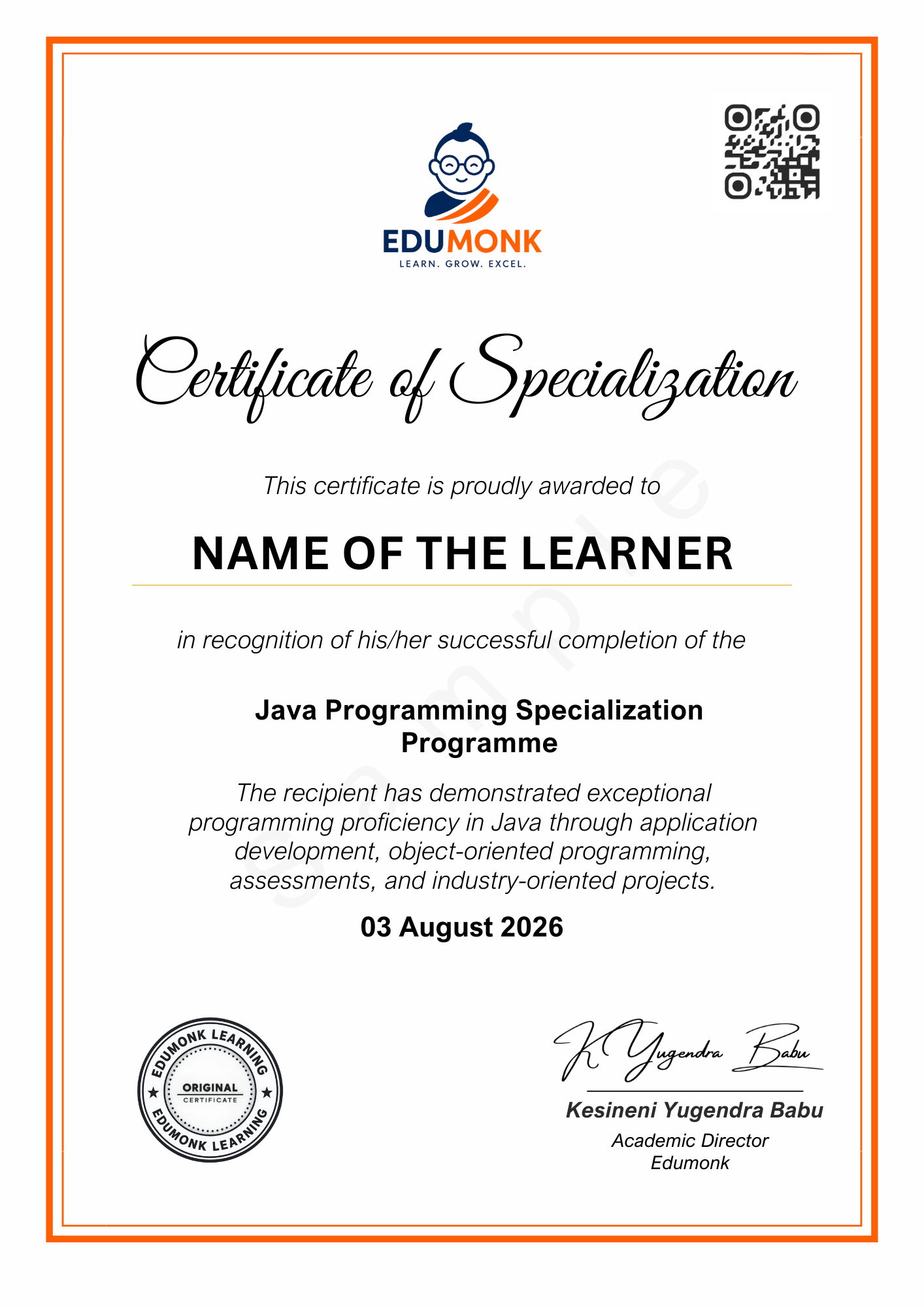 Sample EduMonk Java Programming Certificate of Specialisation showing the programme credential layout