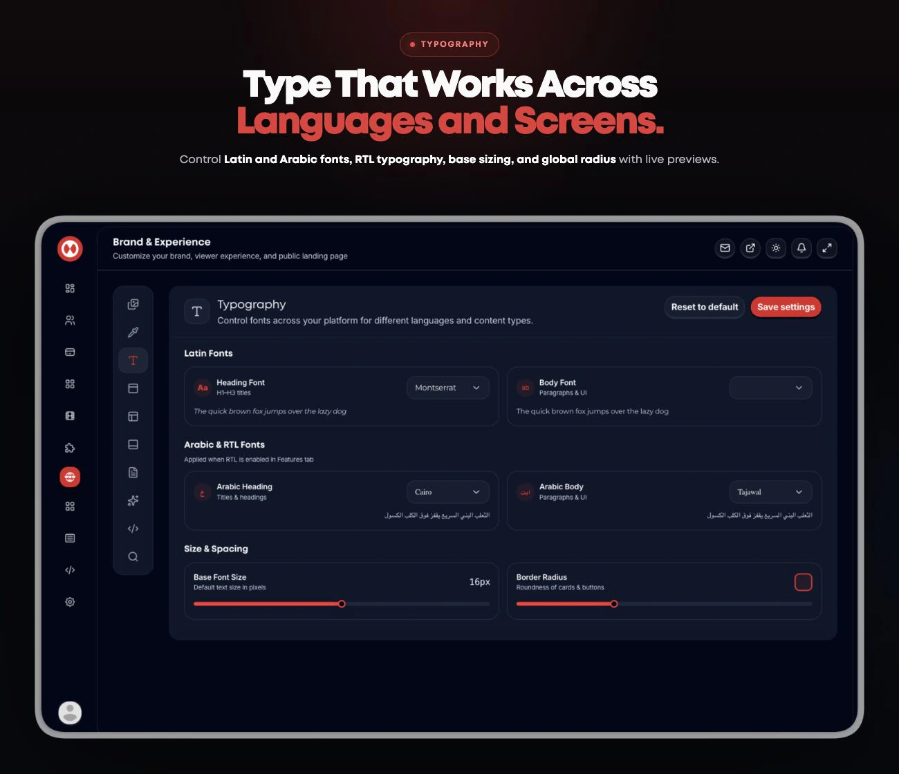 Streamly Typography workspace with Latin and Arabic fonts, live previews, base font size, and radius controls