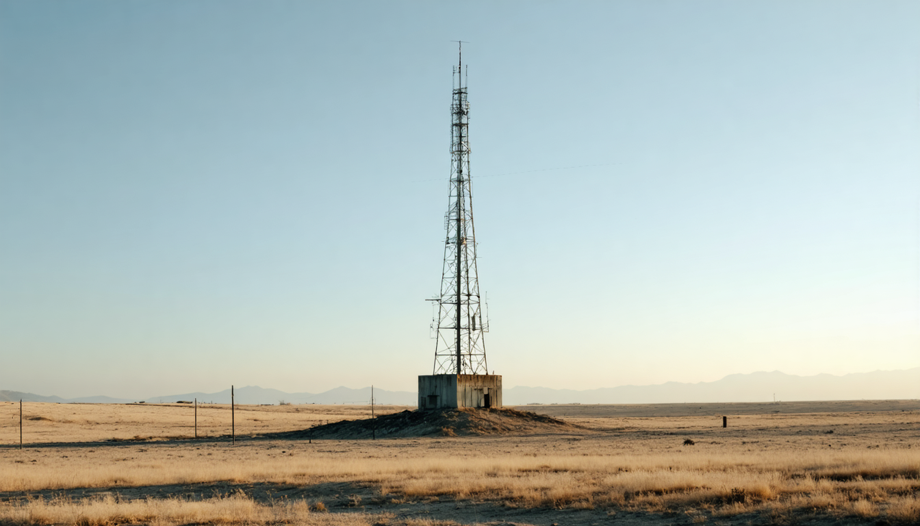 An abandoned concrete tower structure standing alone in flat arid terrain under a pale sky, with no visible human figures.