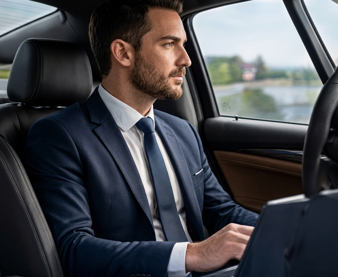 Zakelijke passagier in een comfortabele luxe auto
