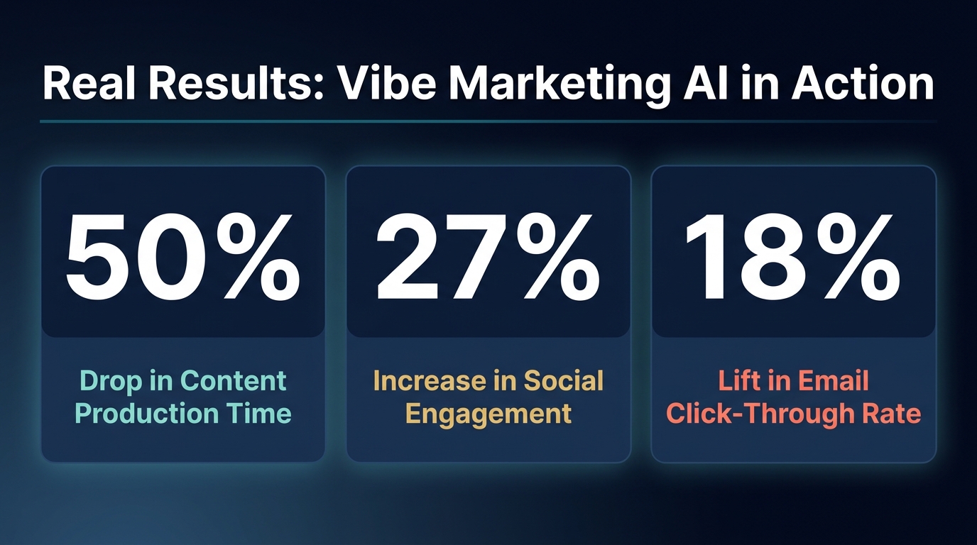 Dark navy stat callout card titled 'Real Results: Vibe Marketing AI in Action' highlighting three key metrics: 50% drop in content production time, 27% increase in social engagement, and 18% lift in email click-through rate