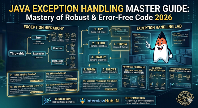 Java Exception Handling guide by InterviewHub covering checked vs unchecked exceptions, try-catch-finally blocks, custom exceptions, throw vs throws, try-with-resources, and Java interview questions.