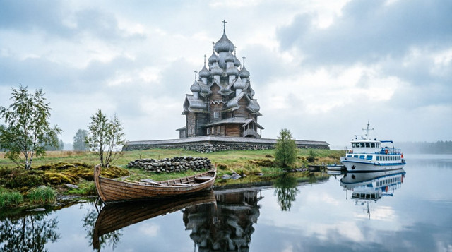 Легендарная деревянная Преображенская церковь в Кижах с 22 куполами, отражающаяся в спокойных водах Онежского озера рядом с круизным судном