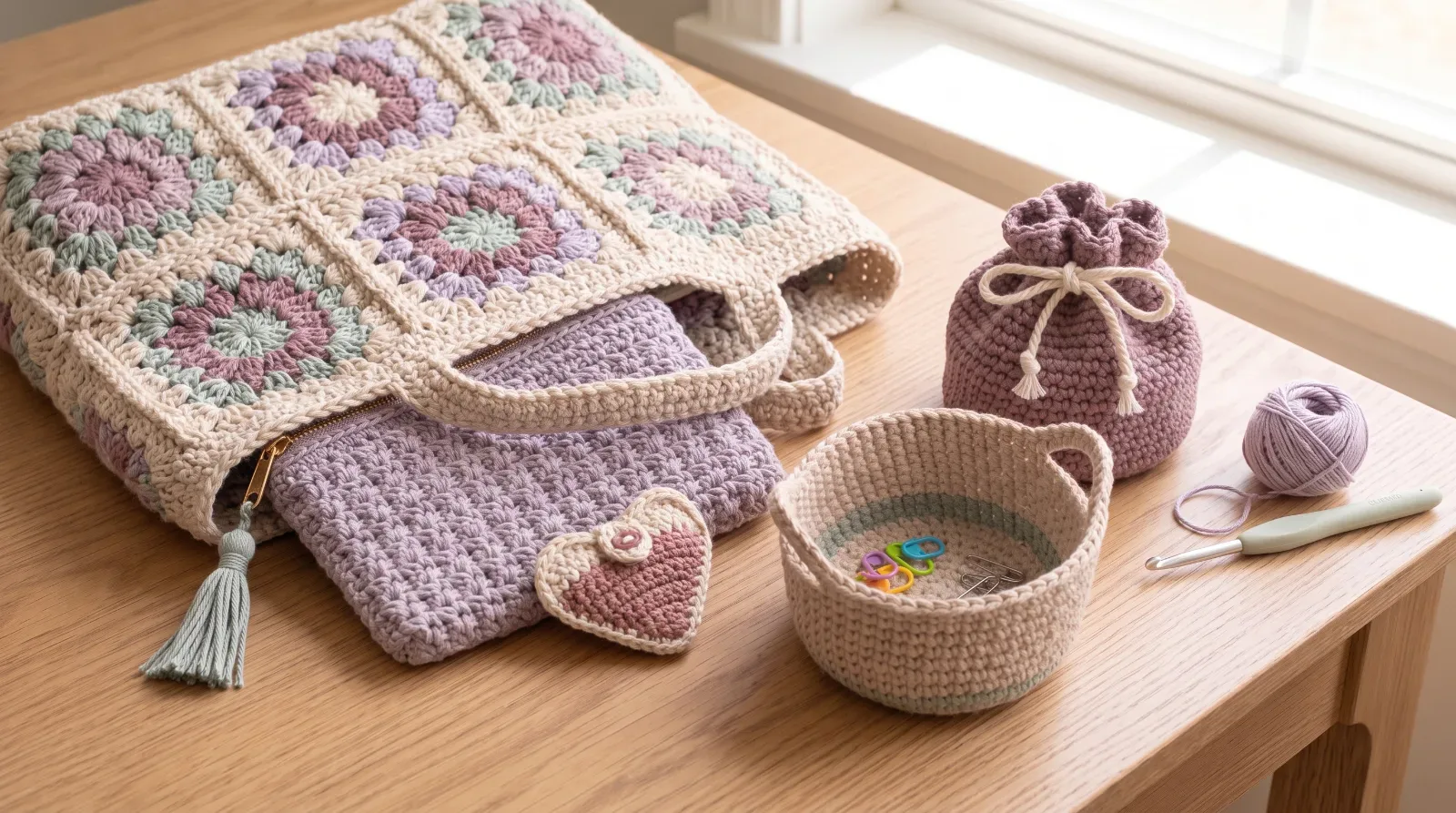 Crochet pouch, notions bag, basket, tote and pocket organizer collection arranged together