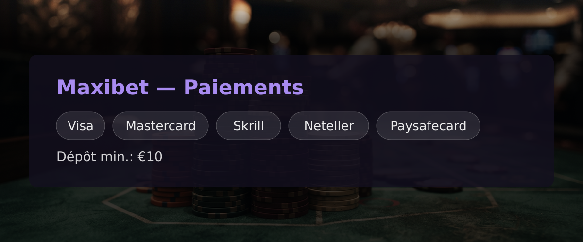 Maxibet — Paiements: Visa, Mastercard, Skrill, Neteller, Paysafecard