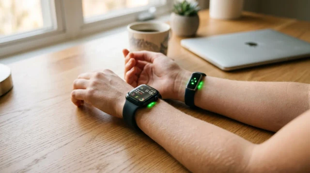 Smartwatch and fitness tracker worn side by side on wrists at a modern desk, warm light