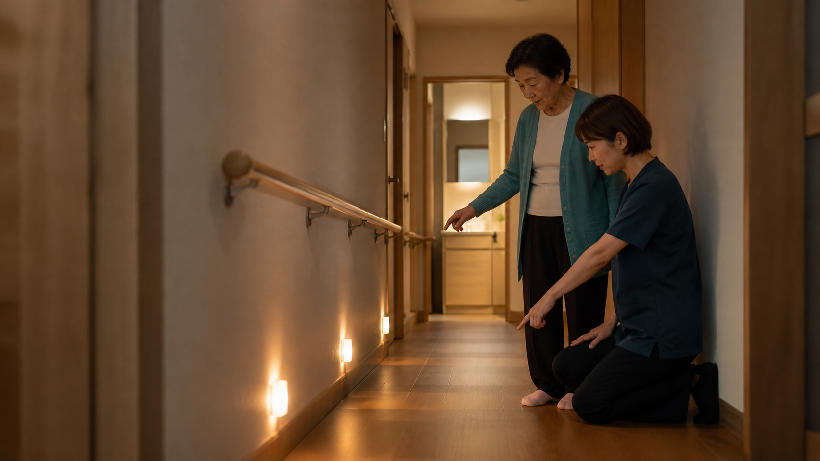 高齢女性と専門職が足元灯と手すりのある夜間のトイレ動線を確認する様子