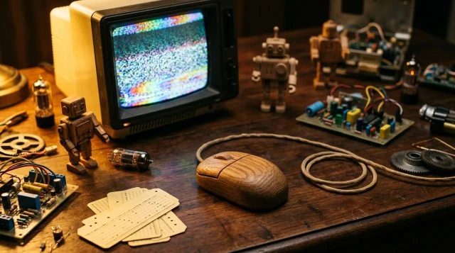 Vintage wooden computer mouse surrounded by retro tech artifacts on dark desk, moody lighting