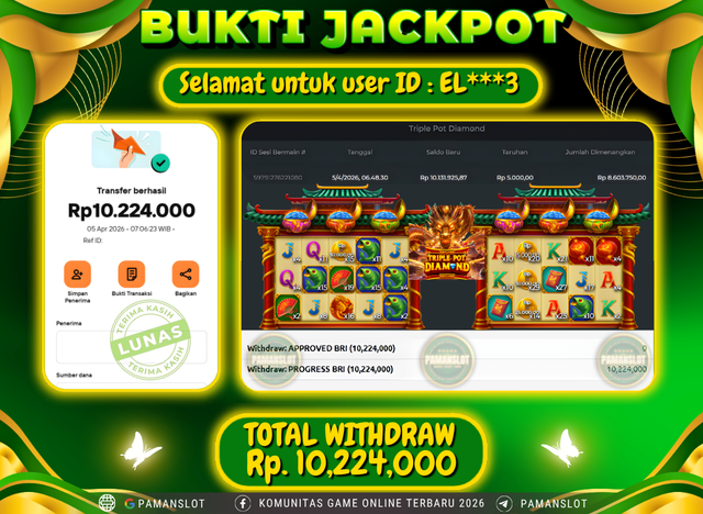 Selamat kepada Member PAMANSLOT Game Triple Pot Diamond : EL***3