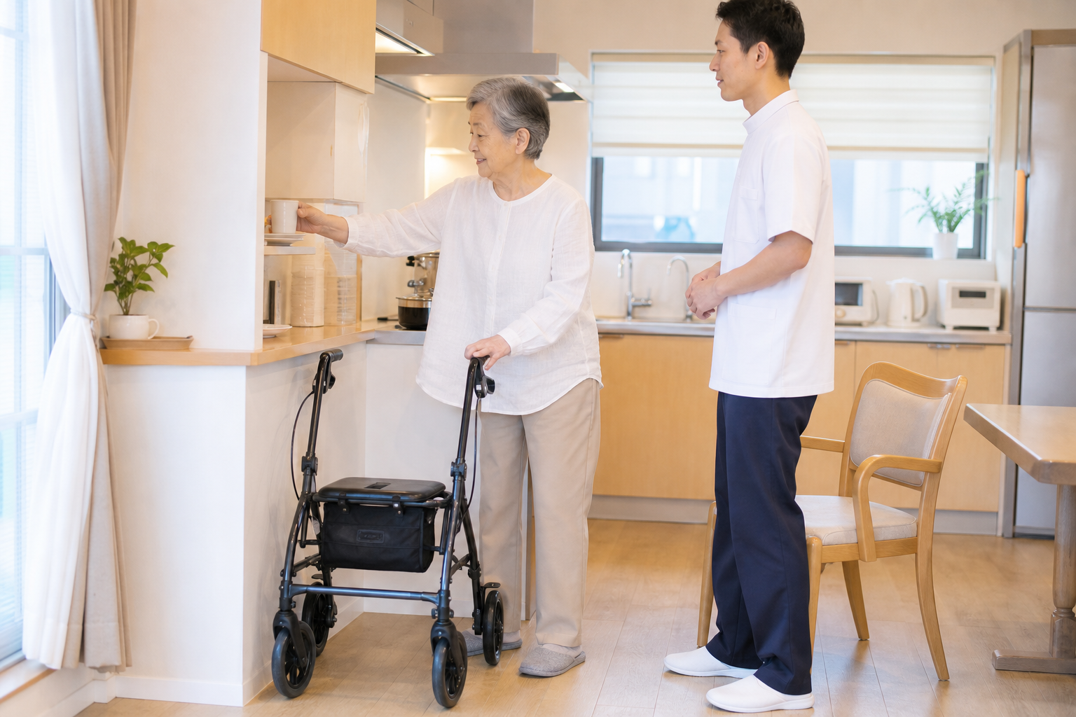 大腿骨近位部骨折の手術後に台所で生活動作を練習する高齢者とリハビリ専門職