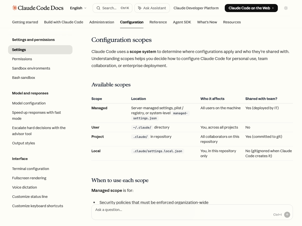 The settings (settings.json) configuration guidance in the Claude Code official docs (Source: Claude Code official docs)