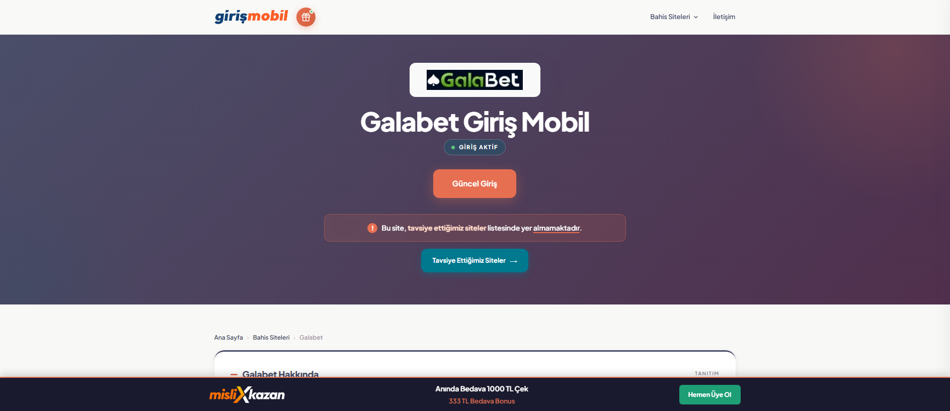 Forensic screenshot of galabet.girismobil.one showing the phishing page layout