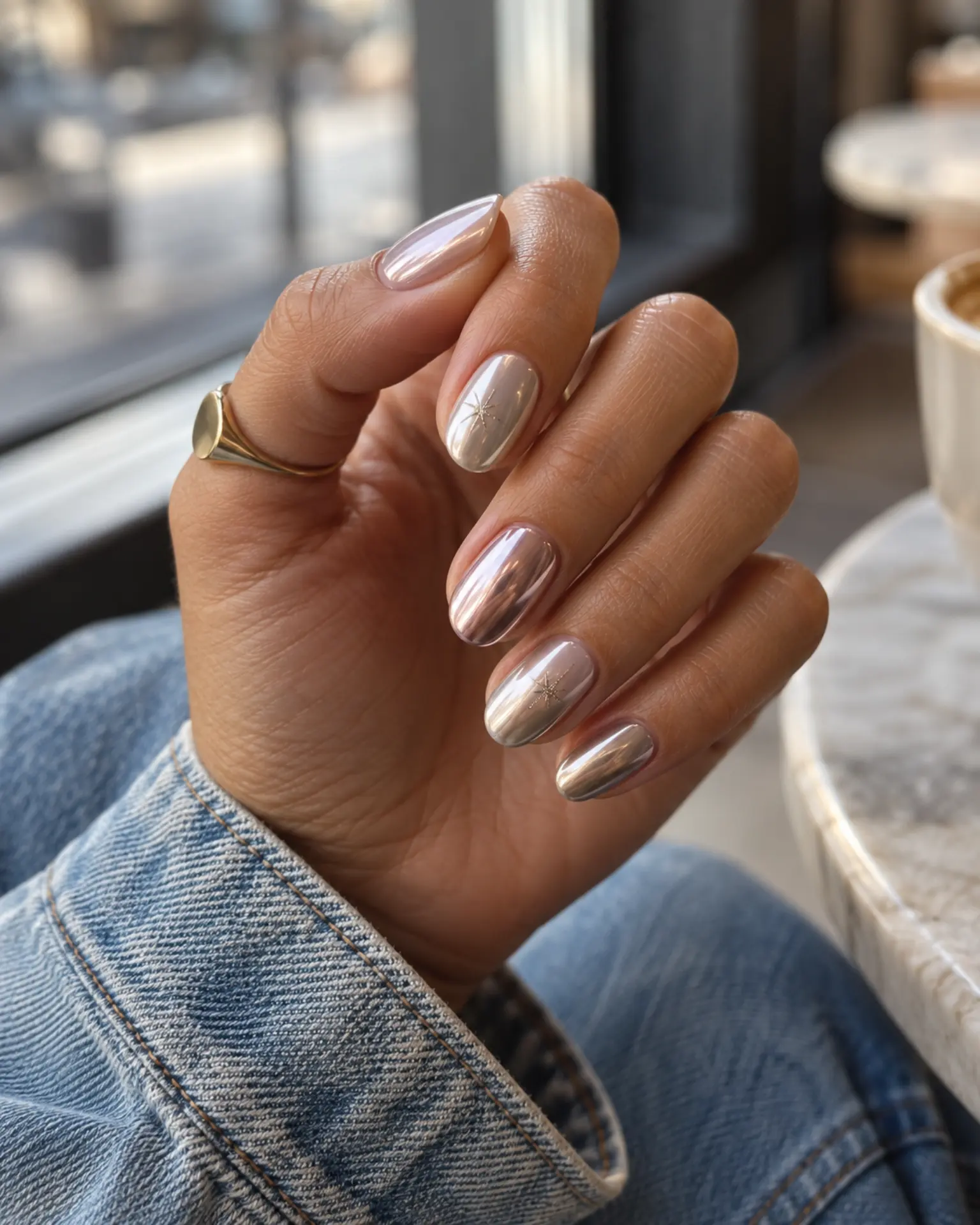 Chrome Tiny Star Detail manicure inspiration for chrome nail ideas