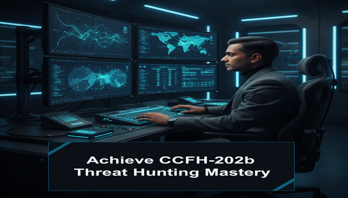 Achieve CCFH-202b Threat Hunting Mastery A cybersecurity professional in a futuristic SOC, intently mastering complex threat data on multiple glowing screens, symbolizing success in the CrowdStrike Falcon Hunter exam.