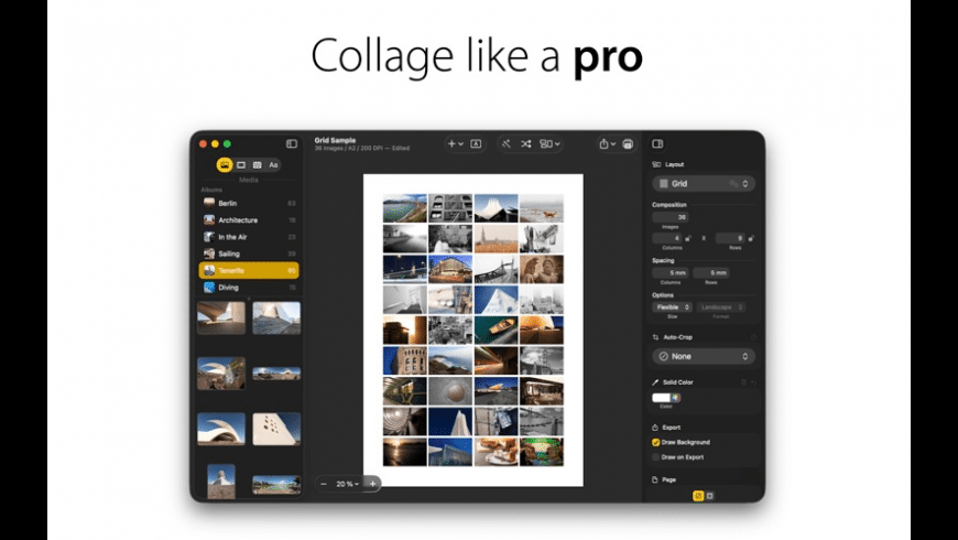 Posterino on Mac — collage template editor with image boxes, frames and layout tools