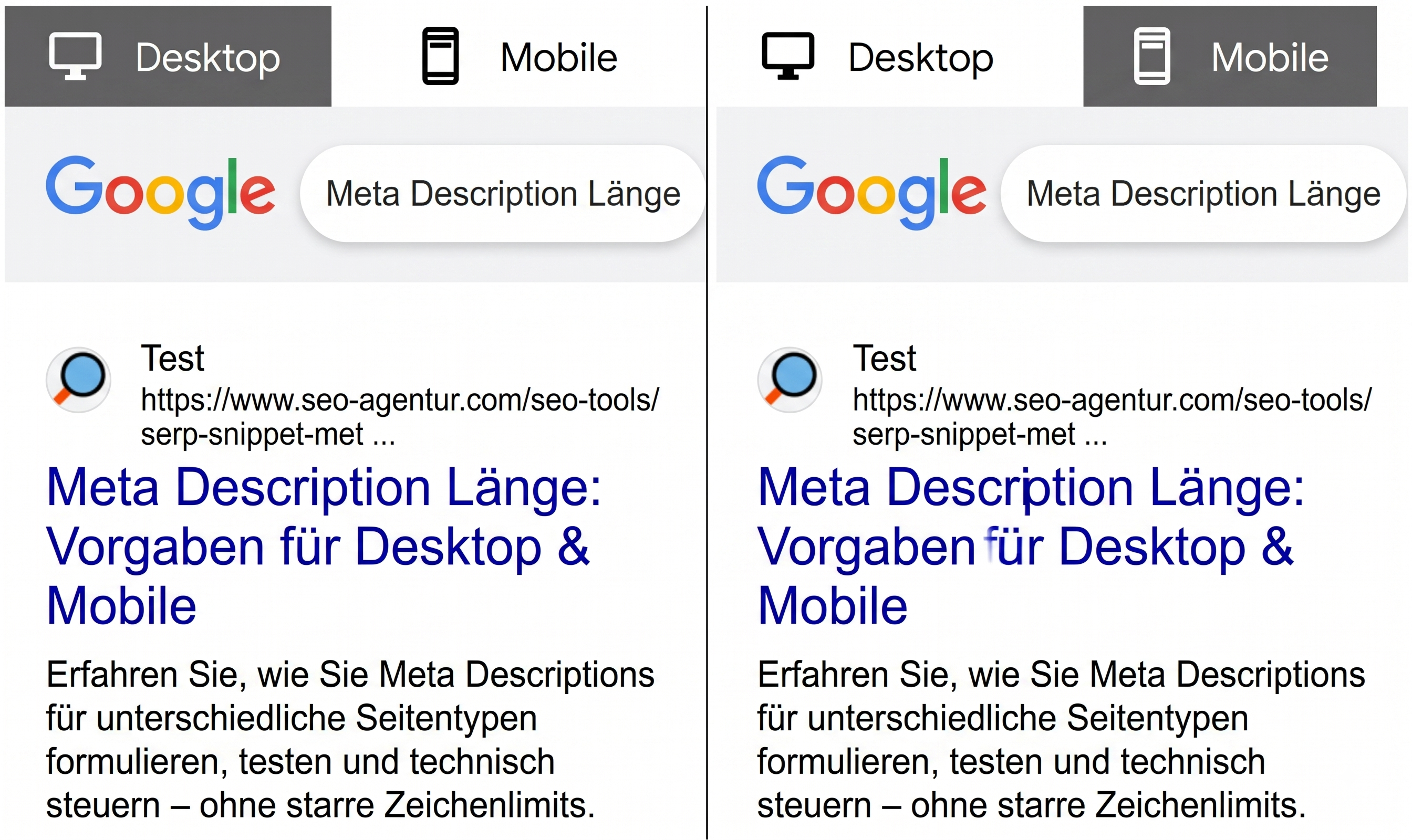 Desktop- und Mobile-Vorschau eines Suchergebnis-Snippets im SERP-Snippet-Generator der SEO Agentur zur Veranschaulichung der Pixelbreite