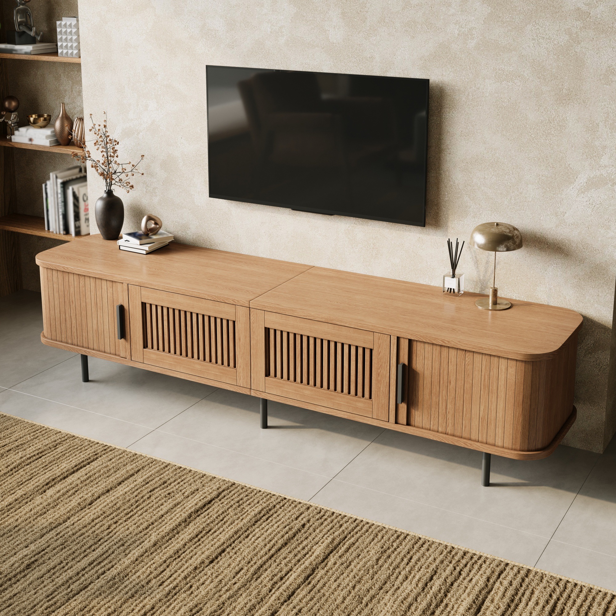 Meuble TV Naturel, 2 Tiroirs, Rangement, Éclairage LED, Gestion des Câbles, Portes Coulissantes - 180x40x44.5cm - Salon 6