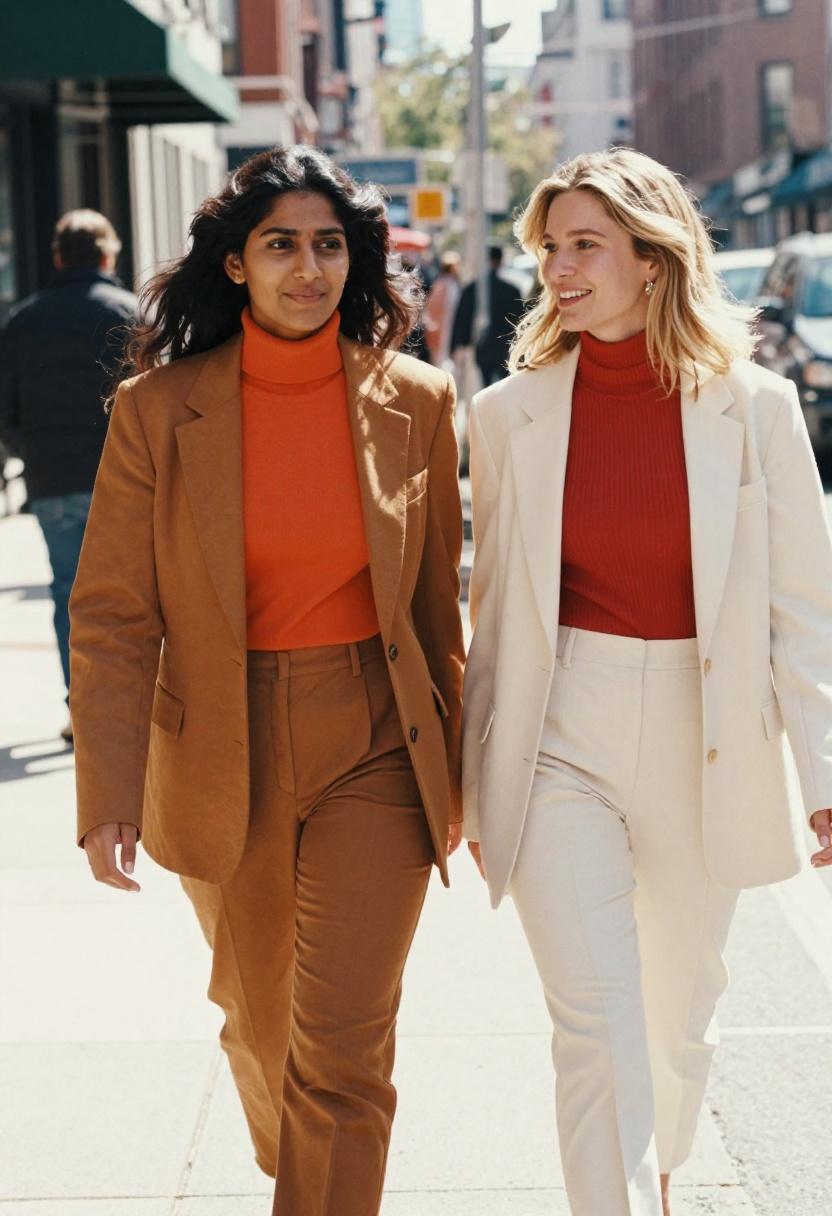 Two professionals in bold turtleneck and blazer combinations in clashing warm tones making a strong spring street style impact