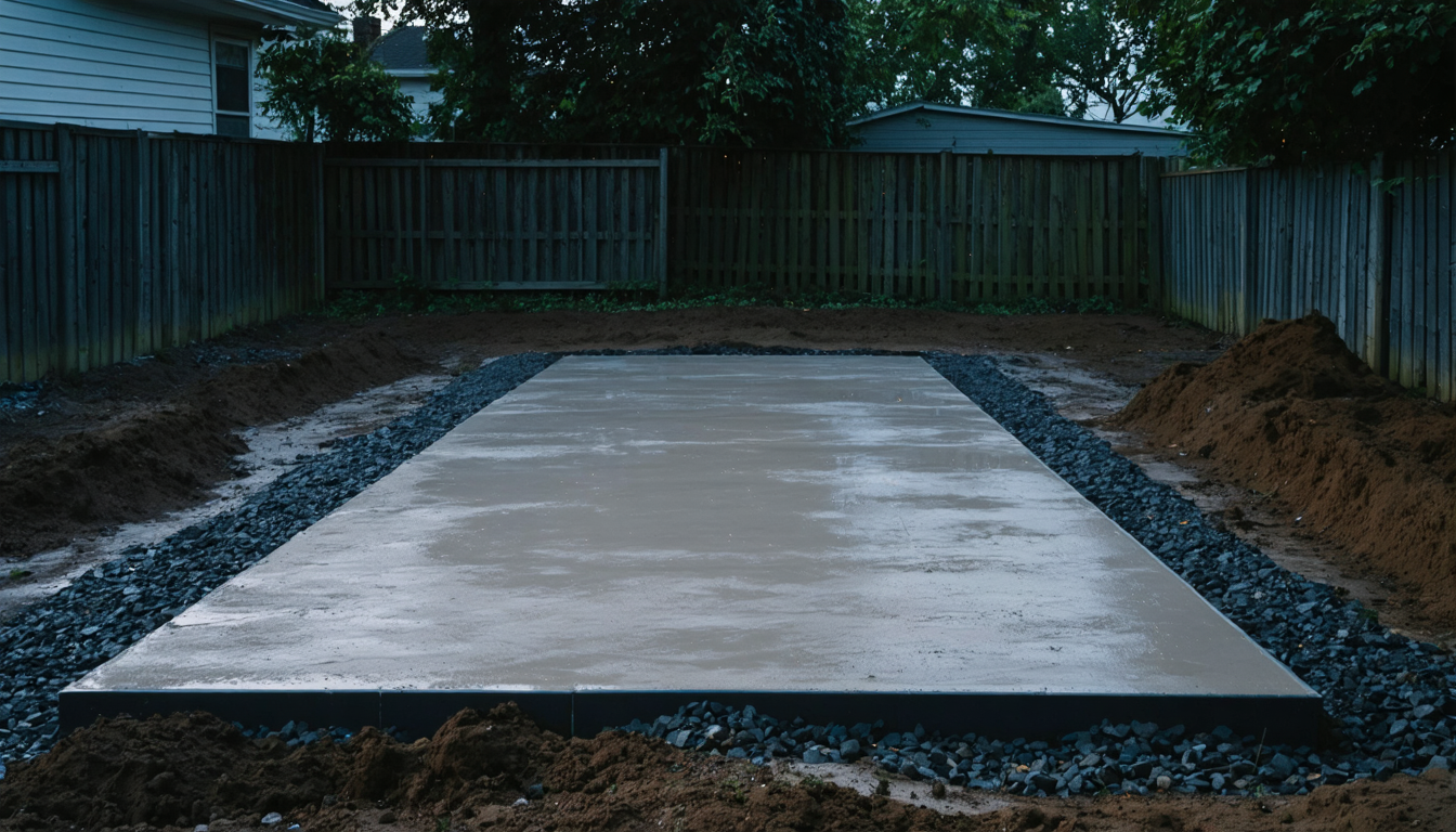 A newly poured rectangle of wet concrete over dark disturbed earth in a suburban backyard at dawn.