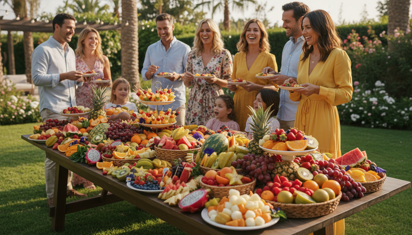 mesa de frutas para fiestas con sandía melón uvas fresas y piña