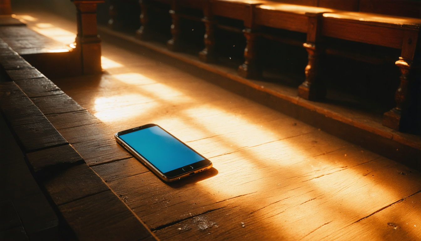 A lone smartphone lying face-up on an empty wooden church pew, its screen glowing faintly in dim amber light.