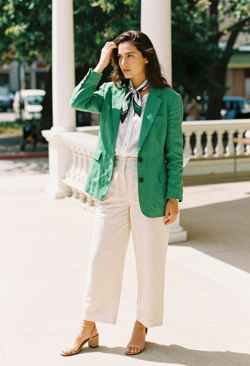 Emerald green linen blazer over white blouse with wide-leg trousers for Mother's Day family dinner