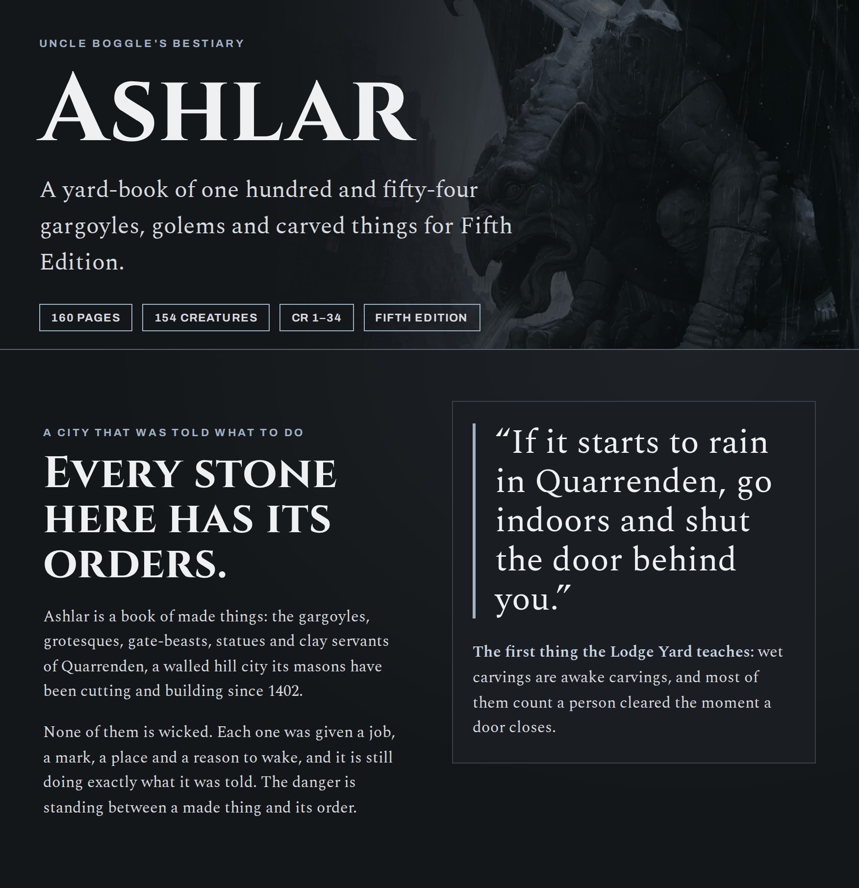 Uncle Boggle's Bestiary: Ashlar. A yard-book of one hundred and fifty-four gargoyles, golems and carved things for Fifth Edition. 160 PAGES 154 CREATURES CR 1–34 FIFTH EDITION