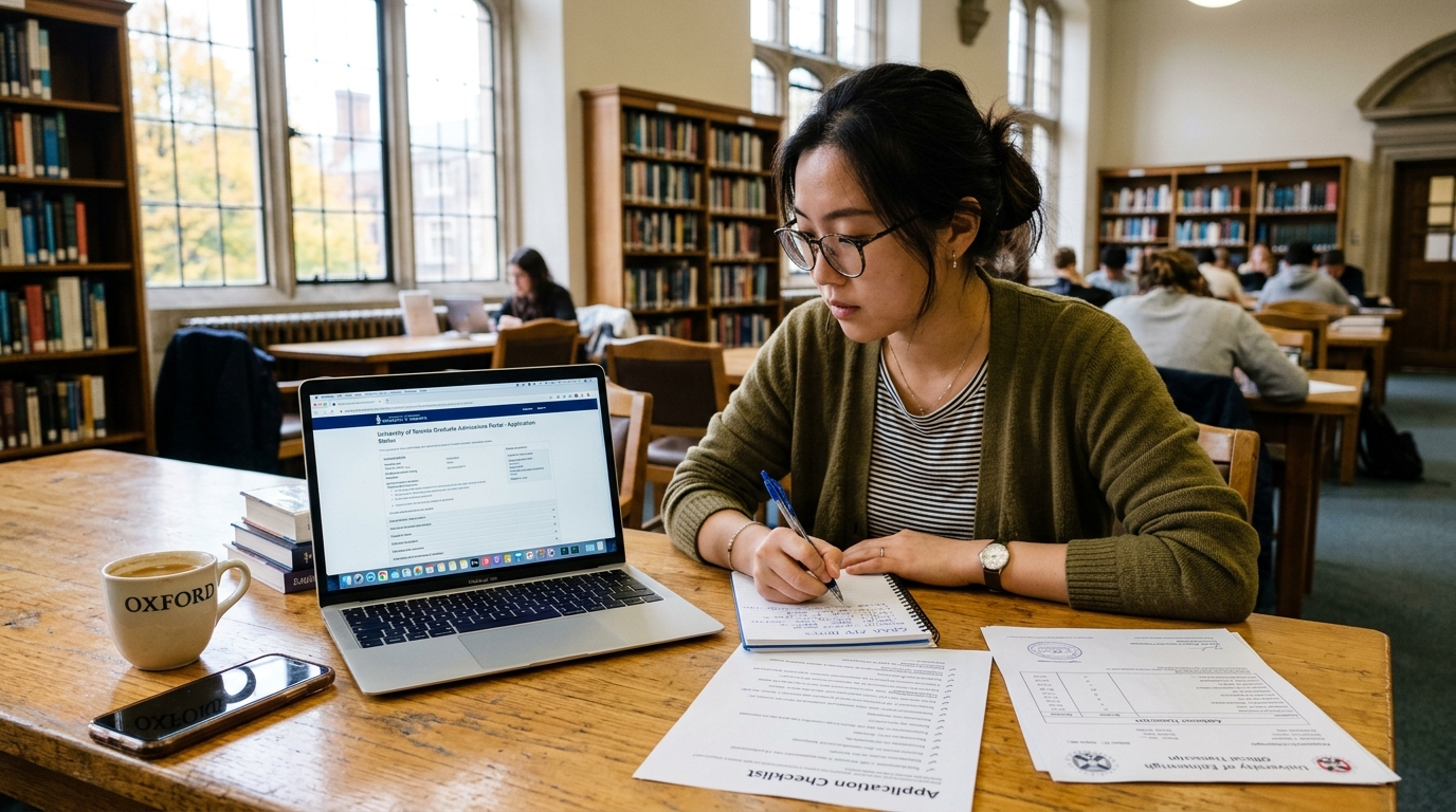 Graduate student reviewing university application checklists and laptop