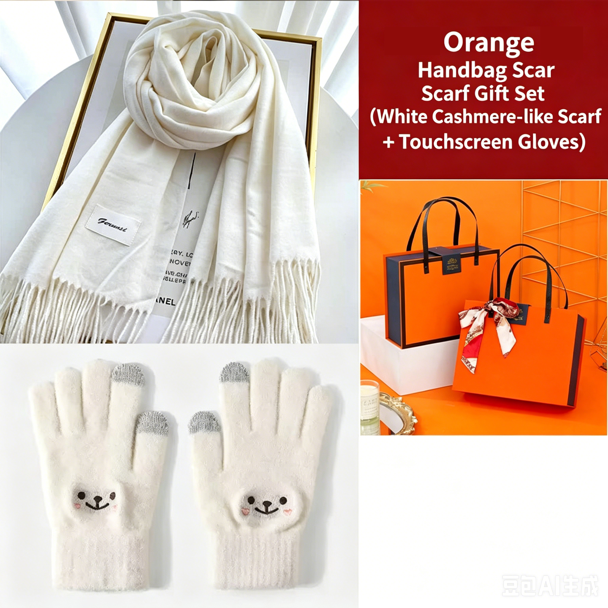 White Winter Cashmere-Like Scarf and Gloves Gift Set for Women - Solid Color Tassel Warm Neck Wrap with Touchscreen Knit Mittens, Premium Gift Box - Birthday & Holiday Present