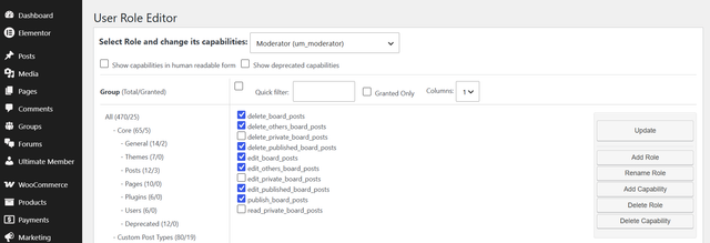 example board posts post type capabilities in the User Role Editor