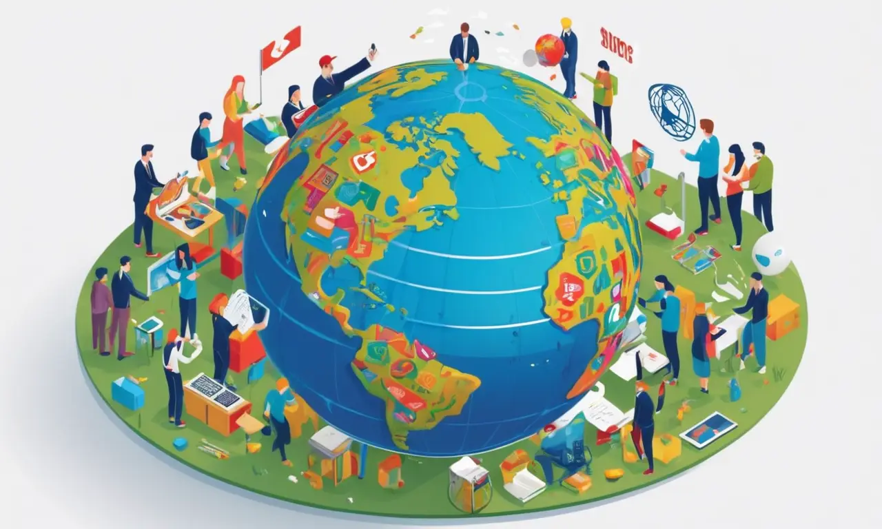 Un globo girando en medio de logos creativos, símbolos y personas trabajando juntos.